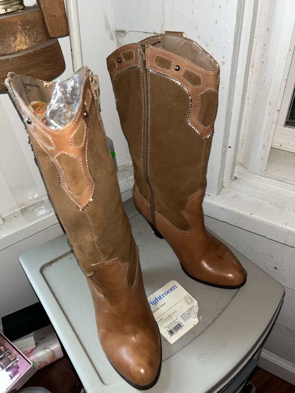 Jessica Simpson Two-Tone Brown Leather & Suede Mid-Calf Heeled Boots